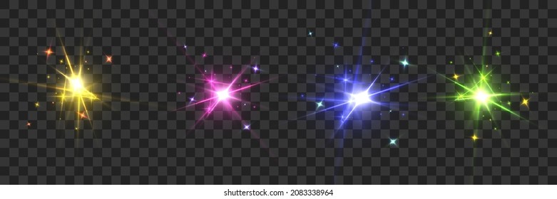 Realistic collection of bright light effects, sparkling stars on transparent background for vector illustration and design.
