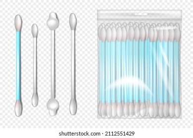 Realistic collection different forms of cotton buds. Cotton swab on stick. Tool for cleaning wax and personal care of the ears