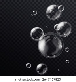 Realistic collection of flying soap bubbles on transparent background. Glossy and clear spheres for cosmetic design, clean air effects, children's themes, summer fun visuals or bathroom decoration 
