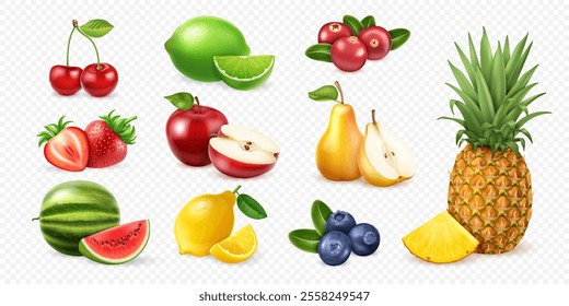 Realistic collection fresh fruits and berries with cherry, lime, cranberry, strawberry, apple, pear, watermelon, lemon, blueberry, pineapple isolated on a transparent background.