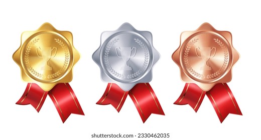 Medallas de oro, plata y bronce de la colección realista de galardones con cintas rojas y copa de ganador grabada. Conjunto de vectores. Banderas premium para ganadores y logros