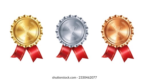 Medallas de oro, plata y bronce de la colección realista de galardones con cintas rojas y copa ganadora grabada. Conjunto de vectores. Señales premium para ganadores y logros.