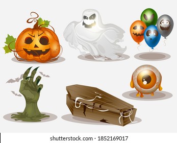 Realistic collection of Halloween elements, ghosts, graves, zombies, eyes and horror balls. Halloween symbols collection, Spooky and scary objects. Vector illustration