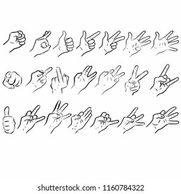 realistic Collection of men hands in different gestures. Vector line doodle icons in black
