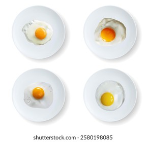 Realistic collection of plates with fried eggs top view 