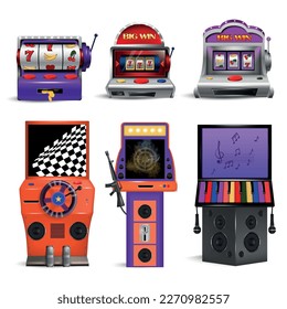 Realistic collection of retro drum game machines and modern digital gambling machines with computer technologies isolated vector illustration isolated vector illustration