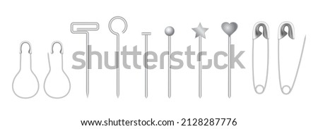 realistic collection of safety pin isolated on white background, safety pin with an open and closed shape in silver.
