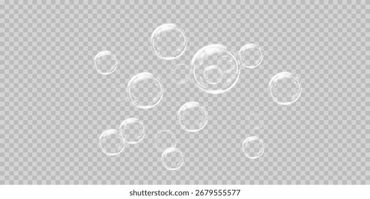 Colección realista de las burbujas de jabón. Espuma, polvo, jabón, detergente. Ilustración vectorial.