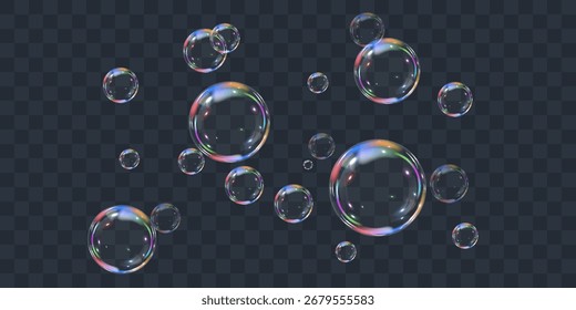 Colección realista de las burbujas de jabón. Espuma, polvo, jabón, detergente. Ilustración vectorial.