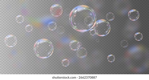 Colección realista de las burbujas de jabón con el resplandor del arco iris en un fondo transparente oscuro.