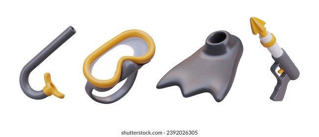 Realistic collection for underwater hunting. Set of breathing mask and glasses, fin, and spearfishing harpoon with yellow arrow. Vector illustration in 3d style