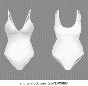 Realistic collection of various solid-colored female swimsuits on a transparent background, presented in white tones, isolated vector illustration