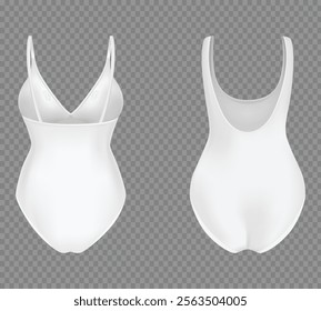 Realistic collection of various solid-colored female swimsuits on a transparent background, presented in white tones, isolated vector illustration