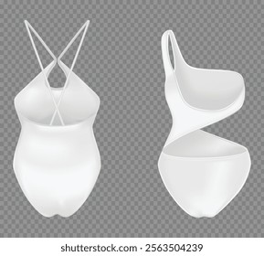 Realistic collection of various solid-colored female swimsuits on a transparent background, presented in white tones, isolated vector illustration