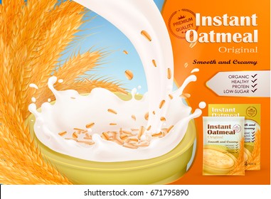 Realistic collection of wheat, barley, oat,corn; milk or yogurt splash and drops. 3d Vector illustration, background for instant oatmeal ad: milk splash, oatmeal fiber, flavor, food design, product ad