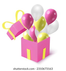 Realistic coloful balloons flying from an open gift box party celebration concept vector