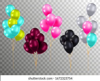 Realistic color air balloons mockups set. Bunches of colorful helium balloons with rope on checked background. Bright decoration for birthday, wedding or anniversary party vector illustration.