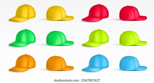 Realistic color caps front and back view isolated on transparent background. Vector illustration of yellow, green, orange, red, blue baseball hat mockups, textile clothes for head, sportswear fashion