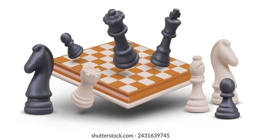 Realistic color chessboard, white and black chess pieces. Vector floating elements