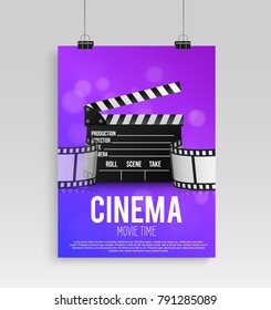Realistic color cinema poster in the frame with an image hanging on a textured gray brick wall, a template for the layout, a layout and a fine clipper and strip film. vector illustration.