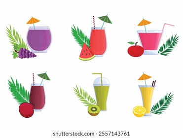 Realistic color drink fruits and glasses of cold fresh juice on leaves white background