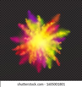 Realistic color dust for Holi festival on dark transparent background. Vector spray paint texture. Paint splatter background. Vector illustration EPS10