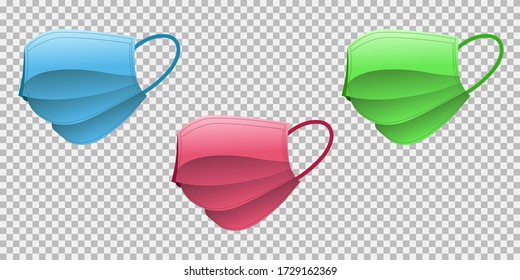 Realistic color ful mask to protect with Covid-19. Set of mask on transparent background. Vector Illustration.