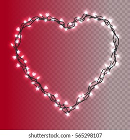 Realistic color garlands, festive decorations. Glowing lights isolated on transparent background. Heart shape.