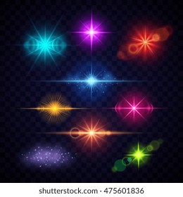 Realistic color lens flare light effects, vector party lights set. Multi-colored bright flashes illustration
