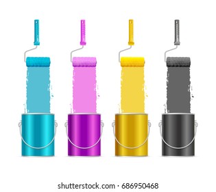 Realistic Color Metall Can Bucket and Roller Brush Set Strip Palette Ink CMYK Concept. Vector illustration