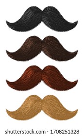 Realistic color moustaches. Black, blond and brown mustache, hipster and gentleman elegance design, barbershop facial hair vintage style vector set