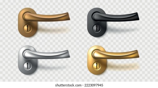 Realistic color moving door handle. Interior silver and golden, bronze and black home accessories, curved shape, modern design, 3d objects isolated on transparent background utter vector set