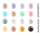 Realistic color pearls. 3d pearl silver gold white nacre ball, gemstone beautiful necklace beads multicolor orb gems jewelry accessories from sea shell, exact vector illustration of pearl 3d