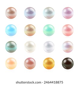 Realistic color pearls. 3d pearl silver gold white nacre ball, gemstone beautiful necklace beads multicolor orb gems jewelry accessories from sea shell, exact vector illustration of pearl 3d