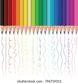 Realistic color pencils set with brush strokes isolated on white background.