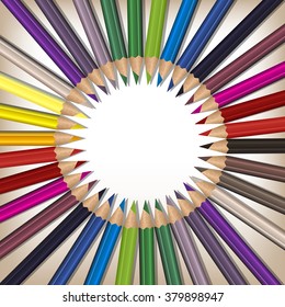 Realistic color pencils set on white background with space for text. Creative concept. Vector illustration