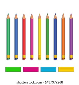 Realistic color pencils with shadow and multicolored rubber erasers isolated on white background. Design element for back to school supplies, stationery, education, office supply. Clip art