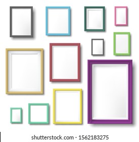 Realistic color photo frame. Rectangular picture frame hanging wall with realistic shadow, square borders and modern simple frames template. Wall photo shot album isolated vector icons set