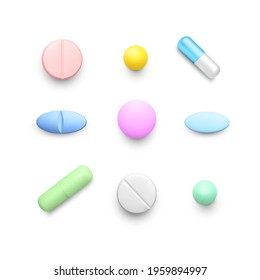 Realistic color pills. Set of color drug capsules. Pharmacy medicine and healthcare. Antibiotic or vitamin tablets top view. Vector