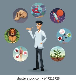 realistic color poster icons world evolution around of scientist