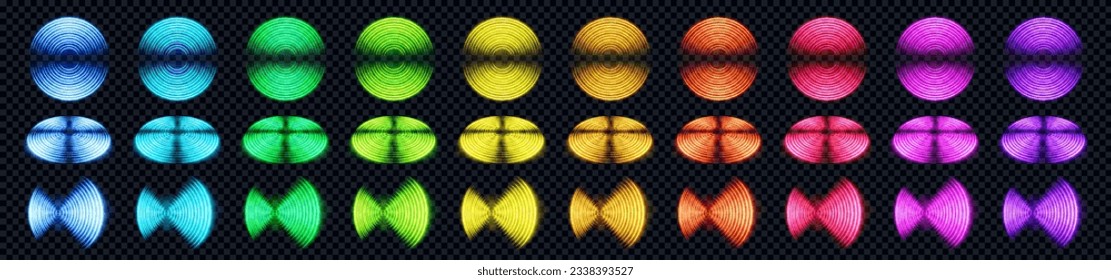 Conjunto de colores realistas de señal de onda de radio aislado en fondo transparente. Ilustración vectorial del símbolo radial de la conexión wifi, propagación de sonido, efecto de pulso, zona radar frontal, superior, vista angular