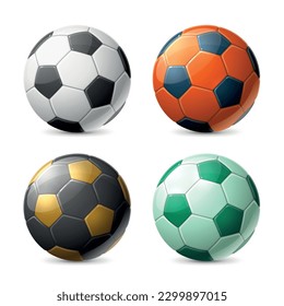 Realistic color soccer balls. Isolated 3d sport inventory, team game object, football equipment, geometric classic print and different color scheme, leather shell element utter vector set