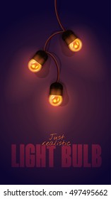 Realistic color vector illustration. Isolated glowing light bulb garland on gradient background. Template for greeting card to holiday