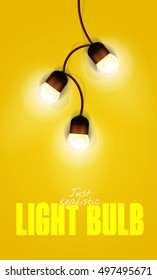 Realistic color vector illustration. Isolated glowing light bulb garland on gradient background. Template for greeting card to holiday