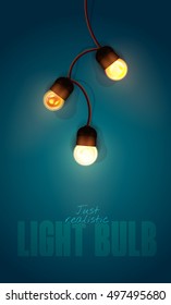 Realistic color vector illustration. Isolated glowing light bulb garland on gradient background. Template for greeting card to holiday