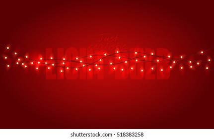 Realistic color vector illustration. Isolated glowing light bulb garland on gradient background. Template for greeting card to holiday