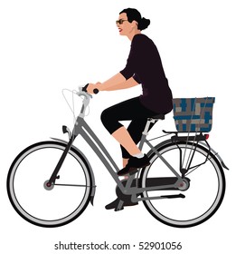 Realistic color vector illustration of young lady riding bicycle.