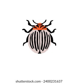 Realistic colorado beetle, cute potato bug. Farm plants vermin insect. Small harmful animal with antennas. Agriculture striped pest. Macro nature. Flat isolated hand drawn vector illustration on white