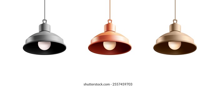 Realistic colored 3D chandeliers for rooms. Set of metal pendant lamps, for interior concepts, lighting, technology, advertising concepts. Vector illustration.