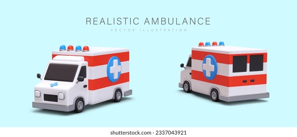 Realistisch gefärbter Krankenwagen. Symbol des Sparens kranker, verletzter Menschen. paramedisches Fahrzeug. Illustrationen im Cartoon-Stil. Vorder- und Rückseite. Auto mit blinkenden Baken